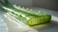 Fresh cut aloe vera leaf showing clear gel inside on white surface with natural lighting and water drops, closeup macro photography for wellness concept.