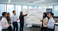 Business team collaborating on strategic planning presentation in modern office conference room with city skyline view.