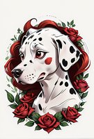 Stylized Dalmatian dog portrait with red roses frame and decorative elements. Spotted white dog has red accents and flowing hair, surrounded by blooming roses and leaves.