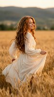 Young Caucasian woman with long curly red hair in white bohemian dress sitting in golden wheat field during sunset with mountains in background for lifestyle content.