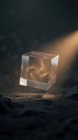 Transparent cube with glowing golden swirl pattern inside, illuminated by warm light beam on dark ground, suitable for abstract design and conceptual artwork.