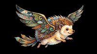 Whimsical hedgehog with ornate fairy wings in gold, teal, and jewel tones, isolated on transparent background. Ready for t-shirt design, stickers, clipart, sublimation, and print-on-demand products.