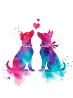 Watercolor dog silhouettes with gradient colors and hearts expressing love and affection on white background for romantic designs.