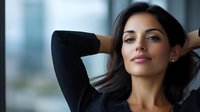 Young Mediterranean woman with dark hair and confident smile wearing black sweater poses with hands behind head against blurred office window background.