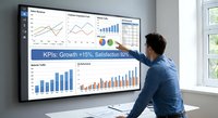 Professional businessman analyzing comprehensive business dashboard with growth metrics and performance indicators on large wall-mounted display screen.