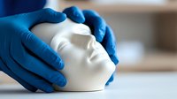 Healthcare professional in blue medical gloves carefully holding white protective face mask in clinical setting for safety and infection control.