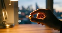 Hand holding glowing light bulb with warm bokeh city lights in background representing innovation, creativity and bright ideas for business concepts.