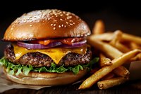 Juicy cheeseburger with melted cheddar, fresh vegetables, sesame bun and crispy french fries on wooden surface in dark moody lighting for restaurant menu.