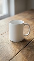 White ceramic mug mockup on rustic wooden table near window, blank surface ready for custom print design, branding, or logo placement.