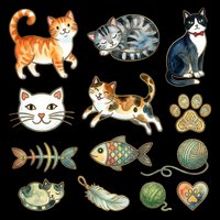 Cute cats and pet supplies collection isolated on transparent background, ready for t-shirt design, stickers, clipart, print-on-demand products and sublimation projects.