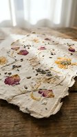 Handmade paper with pressed flowers and seeds on wooden surface. Natural eco-friendly craft material for artistic projects and sustainable design applications.