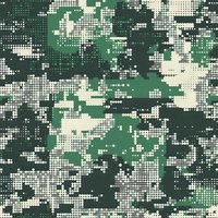 Digital camouflage pattern in green and beige tones with pixelated dots effect creates modern military style seamless background for fabric and design.