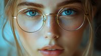 Close up portrait of young Caucasian woman with bright blue eyes wearing round gold-rimmed glasses, natural makeup and soft lighting creating dreamy atmosphere.