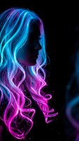 Young woman with vibrant neon blue and pink colored hair in dramatic side lighting against dark background for fashion and beauty concepts.