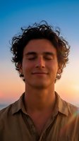 Young man with curly hair meditating peacefully at sunset with closed eyes and serene expression against colorful sky for wellness and mindfulness content.