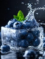 Fresh blueberries in glass bowl with water splash and droplets, green mint leaf garnish on dark background, dramatic lighting for food photography.