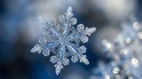 Delicate ice crystal snowflake with intricate geometric patterns against soft blue bokeh background for winter holiday seasonal decorative designs.