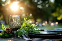 Elegant table setting with ornate wine glass, ferns, and pine cones against golden sunset bokeh background, creating romantic outdoor dining atmosphere.