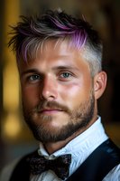 Young man with stylish purple-tinted hair, beard, and formal attire including bow tie and vest, photographed in atmospheric lighting with soft bokeh background.