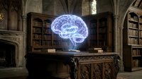 Glowing neon brain hologram floating above ornate wooden desk in classical library with bookshelves, symbolizing knowledge, intelligence, and innovation in academic or research environment.