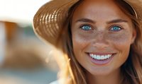 Close up portrait of young Caucasian woman with freckles, bright blue eyes and natural smile wearing straw hat in warm summer sunlight, fresh natural beauty.