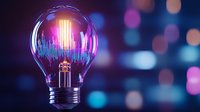 Glowing light bulb with audio wave visualization inside on dark background with bokeh lights. Creative music and sound technology concept.