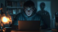 Young Asian male in hoodie working on laptop at night with dramatic lighting and mysterious shadow figure in background creating suspenseful atmosphere.
