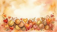 Watercolor autumn border with golden coins, red hearts and decorative leaves on warm beige background for seasonal greeting cards and romantic designs.