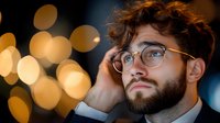 Young professional businessman with curly hair and glasses in contemplative pose against bokeh city lights background at night.