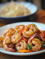 Glazed shrimp stir fry with colorful bell peppers and vegetables in sweet Asian sauce served on white plate, selective focus on juicy seafood dish.