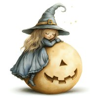 Little witch in gray dress and pointed hat hugging a glowing jack-o-lantern pumpkin on white background, fantasy Halloween illustration.
