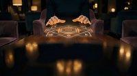 Business hands creating glowing geometric network connection in modern office environment representing digital collaboration and partnership.