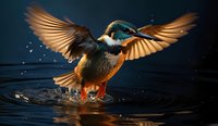 Kingfisher bird with spread wings emerging from water after dive, water droplets sparkling in dramatic lighting against dark background, orange and blue plumage.