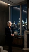 Mature Caucasian businesswoman in black suit standing by window overlooking city skyline at night in luxury office interior for corporate success concepts.