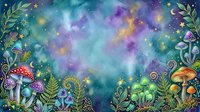 Enchanted forest scene with whimsical mushrooms, magical plants, and glowing stars on a mystical watercolor background. Perfect for fantasy designs, children's books, and creative projects.