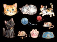 Cute cat clipart set with kittens, paw, yarn balls, toy mice, and fish bowl, isolated on transparent background. Great for stickers, t-shirt design, print on demand.