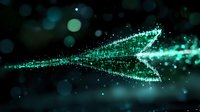 Abstract digital wave of glowing green particles flowing through dark space with bokeh effect, representing data visualization or technology concept.