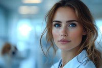 Young Caucasian woman with blue eyes and natural makeup wearing white blouse, soft smile on blurred background. Professional portrait with gentle lighting and warm skin tones.