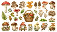 Mushroom and forest foliage collection featuring various fungi species, ferns, leaves, berries, and a wicker basket. Isolated botanical elements suitable for design projects.