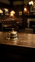 Vintage brass service bell on wooden counter in elegant hotel lobby with warm lighting and classic interior design for hospitality industry.