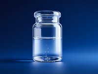 Clear glass vial with liquid on blue background, used in pharmaceutical, laboratory, or cosmetic industry for product packaging.