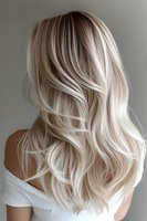 Blonde balayage hairstyle with soft waves showing dimensional highlights and lowlights on woman wearing white off-shoulder top against neutral background.
