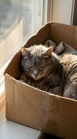 Tabby cat sleeping peacefully in cardboard box by sunny window. Cozy feline resting in makeshift bed with warm natural lighting for pet care content.