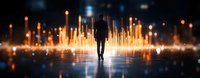 Silhouette of person walking among glowing light pillars on reflective surface at night, creating mystical atmospheric scene with warm orange illumination.