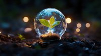 Young green plant seedling growing inside transparent glass sphere on soil with warm bokeh lights background for environmental protection concepts.
