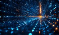 Abstract digital tunnel with glowing blue and orange light particles creating perspective grid pattern, technology concept background for data visualization.