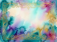 Watercolor background with vibrant rainbow ink washes and ornate gold filigree border frame, isolated on white for design projects.