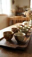 Handmade ceramic tea bowls arranged on wooden tray in warm sunlit kitchen setting for traditional tea ceremony and mindful dining experience.