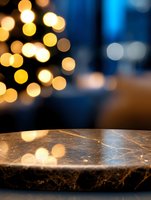 Marble stone surface with blurred golden bokeh lights in background creating festive atmosphere. Dark blue tones add depth and luxury feel for product display.
