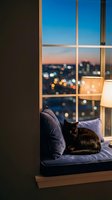 Black cat resting on cushioned window seat at dusk, gazing at cityscape with bokeh lights and twilight sky, cozy interior evening ambiance.